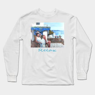 Woman girl sitting relaxing meditating on terrace looking at sea zen yoga buddhism Long Sleeve T-Shirt